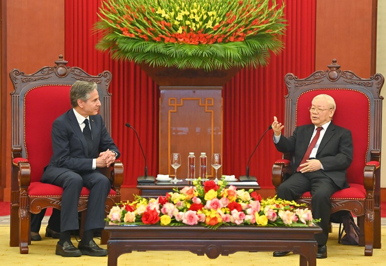 Tổng Bí thư Nguyễn Phú Trọng phát biểu tại buổi tiếp Bộ trưởng Ngoại giao Hoa Kỳ.