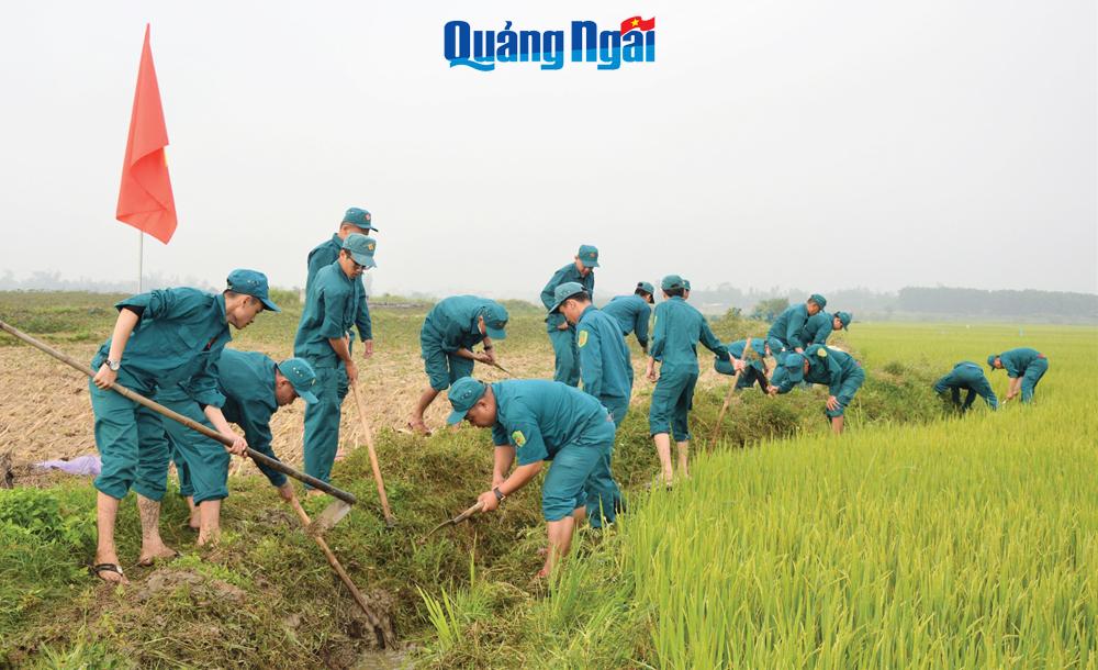 Lực lượng dân quân TP.Quảng Ngãi giúp dân nạo vét kênh mương nội đồng.    