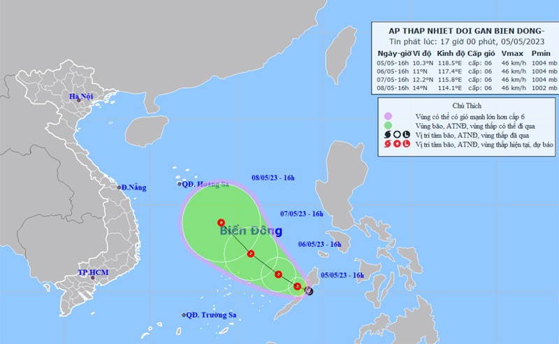 Vị trí và hướng di chuyển của áp thấp nhiệt đới trên Biển Đông. (Nguồn: nchmf.gov.vn)

