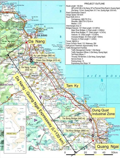Bản đồ hướng tuyến dự án đường cao tốc Đà Nẵng - Quảng Ngãi