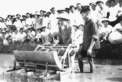 Bác đang cùng bà con nông dân thử nghiệm máy cấy mới  ở ngoại thành Hà Nội năm 1961. Ảnh: gdtđ.vn