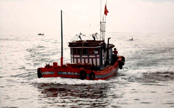 Tàu chở nặng cá tôm của ngư dân Lý Sơn đang cập đảo.   