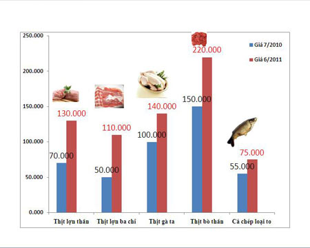 Biểu đồ giá một số mặt hàng thực phẩm tháng 7/2010 và tháng 6 năm 2011. Nguồn số liệu: Cục Thống kê Hà Nội