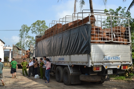Một trong 3 chiếc xe tải vận chuyển gần 80 mét khối gỗ từ Gia Lai- Kon Tum về ga Thủy Thạch