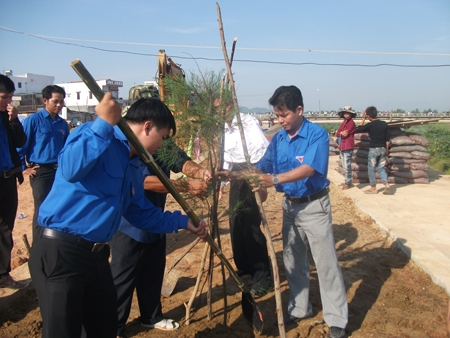 Đoàn viên thanh niên huyện Bình Sơn trồng cây xanh ven sông Trà Bồng.