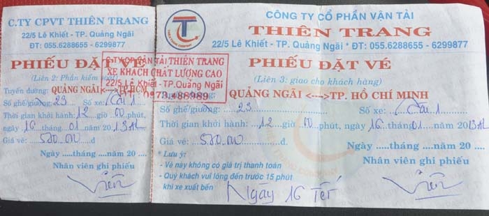 Vé xe của Công ty Thiên Trang được bán với giá 570 ngàn, trong khi giá vé quy định là 510 ngàn.