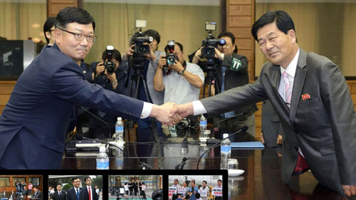 Giám đốc Văn phòng Trao đổi và Hợp tác thuộc Bộ Thống nhất Hàn Quốc Suh Ho và Phó Giám đốc Văn phòng chung đặc khu quản lý Khu công nghiệp Kaesong Chol Su . (ảnh: AP)