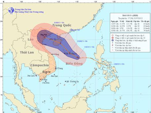 Bản đồ dự báo đường đi của bão số 5 - Nguồn: Trung tâm dự báo khí tượng thủy văn T.Ư