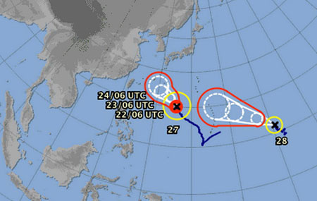 Hai cơn bão cùng hình thành trên biển Thái Bình Dương - Nguồn: Cơ quan khí tượng Nhật Bản