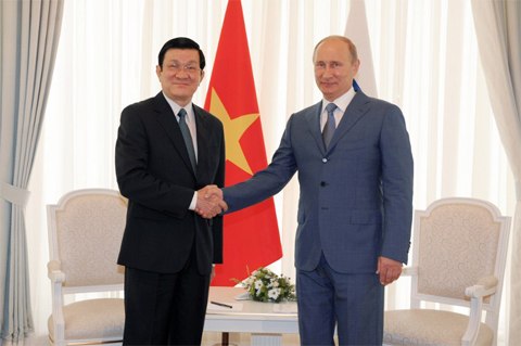 Chủ tịch nước Trương Tấn Sang gặp Tổng thống Nga Vladimir Putin trong chuyến thăm Nga hồi tháng 7/2012.
