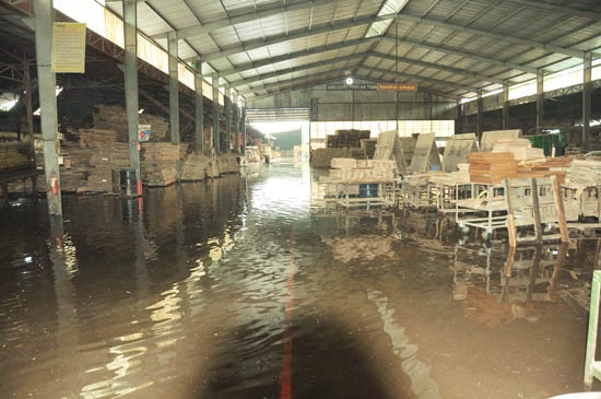 Nhà xưởng Công ty TNHH Hoàn Vũ bị nước ngập nặng.