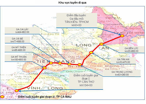  Bản đồ phương án hướng tuyến và các ga trên tuyến đường sắt tốc độ cao TP.HCM - Cần Thơ