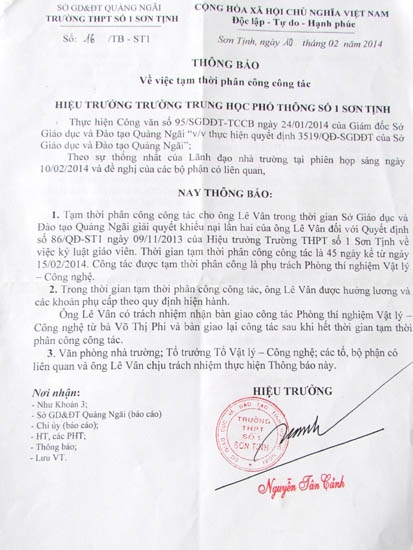 Sau 2 lần chỉ đạo của Sở GD&ĐT, ông Nguyễn Tân Cảnh mới bố trí công tác trở lại cho giáo viên Lê Vân.
