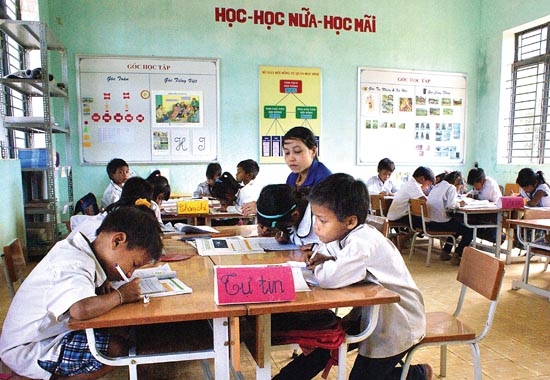 Học sinh Trường tiểu học Sơn Long đến lớp đều đặn sau nhiều ngày nghỉ Tết.