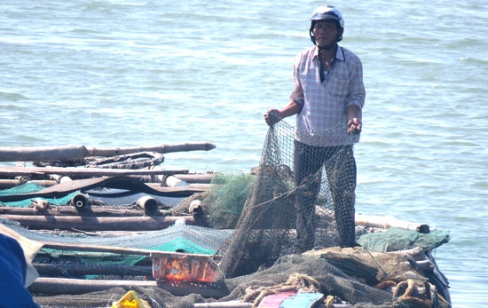 Ông Nguyễn Cường bên chiếc lồng bè bị cắt lưới.