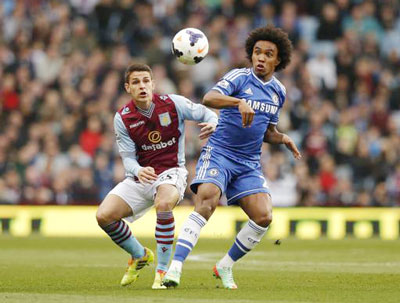 Tiền vệ Willian (phải, Chelsea) khống chế bóng trước Ashley Westwood của Aston Villa. Ảnh: Reuters.