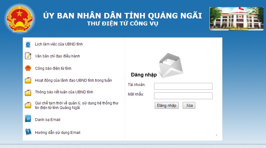 Giao diện hộp thư điện tử công vụ của tỉnh Quảng Ngãi.