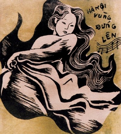 Hà Nội vùng đứng lên, khắc gỗ, 1946. Tác giả: Tô Ngọc Vân