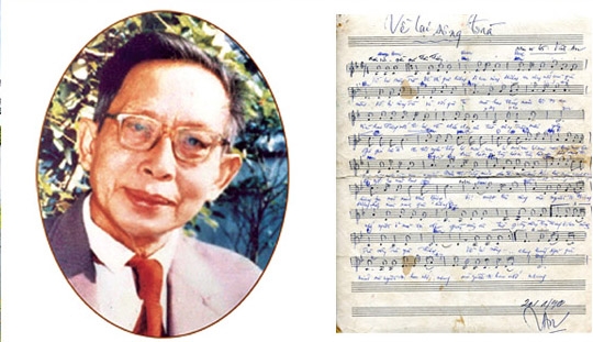 Chân dung Nhạc sĩ Vĩnh An cùng bút tích bài hát “Về lại Sông Trà” viết năm 1988.