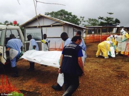  Các nhân viên y tế và tình nguyện viên vận chuyển thi thể bệnh nhân thiệt mạng vì Ebola - Ảnh: Reuters