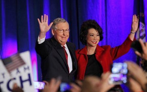 Lãnh đạo khối thiểu số Thượng viện Mitch McConnell và vợ ăn mừng chiến thắng của Đảng Cộng Hòa (Ảnh Reuters)