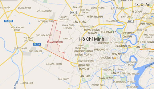 Vị trí chiếc máy bay rơi được xác định ở khu vực nông trường Phạm Văn Hai, huyện Bình Chánh (vùng khoanh đỏ trên bản đồ)  