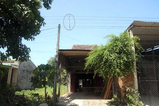 Những đường dây điện trần tại xóm 9, thôn Tình Phú Nam, xã Hành Minh được Công ty CP Điện và Dịch vụ Nghĩa Hành dùng thanh củi “cố định” khoảng cách.