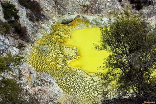 Một trong các hồ nước tại khu vực Taupo Volcanic Zone. Nước hồ có màu vàng do chứa nhiều hóa chất độc hại.
