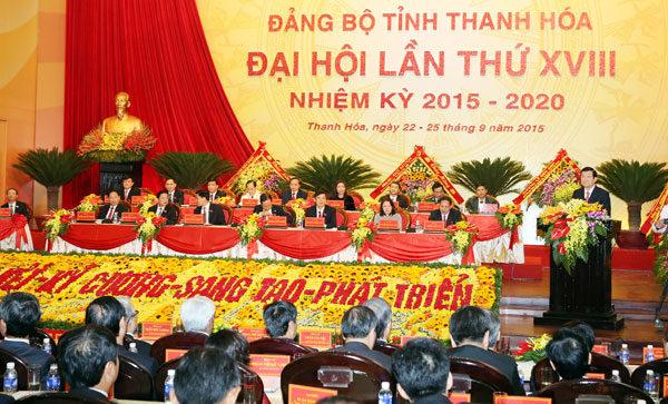 Chủ tịch nước Trương Tấn Sang phát biểu chỉ đạo Đại hội đại biểu Đảng bộ tỉnh Thanh Hóa lần thứ XVIII (nhiệm kỳ 2015-2020). Ảnh: TTXVN