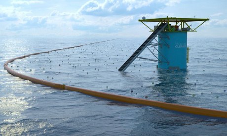 Mô phỏng hàng rào chắn dài 100 km được lắp đặt ở khu vực nhiều rác thải nhất của Thái Bình Dương. Ảnh: Ocean Cleanup.