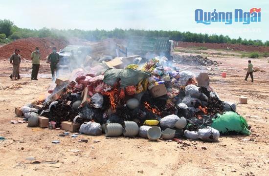 Tang vật được tiêu hủy tại bãi rác xã Nghĩa Kỳ (huyện Tư Nghĩa).