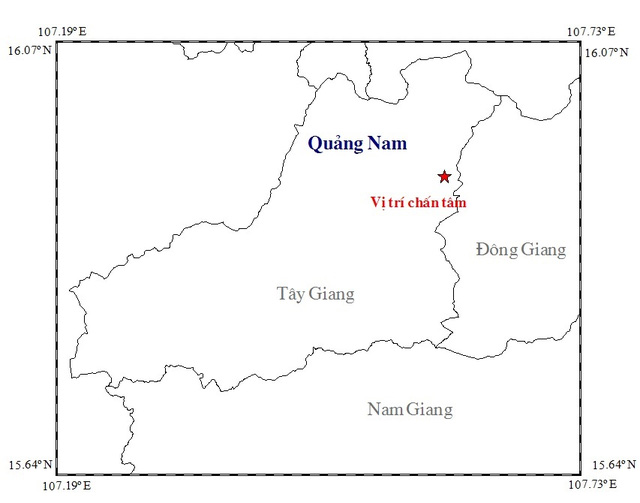 Vị trí trận động đất xảy ra tại khu vực huyện Tây Giang, Quảng Nam (Ảnh: Viện vật lý địa cầu)