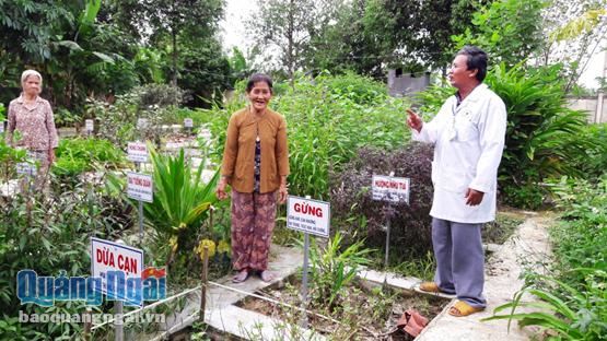 Bác sĩ Trạm y tế Nghĩa Hà giới thiệu cây thuốc nam chữa bệnh cho người dân địa phương.