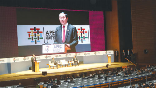 Chủ tịch nước Trần Đại Quang phát biểu tại Hội nghị cấp cao doanh nghiệp APEC. Ảnh: TTXVN