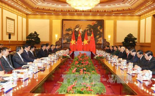  Tổng Bí thư Nguyễn Phú Trọng hội đàm với Tổng Bí thư, Chủ tịch Trung Quốc Tập Cận Bình. Ảnh: TTXVN