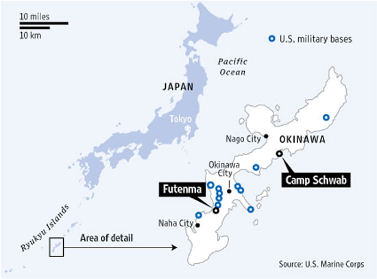  Căn cứ không quân Futenma của lính thủy đánh bộ Mỹ ở TP Ginowan đông dân dự kiến di dời đến Henoko ở TP Nago cùng trên đảo Okinawa, Nhật Bản. Nguồn: U.S. Marine Corps