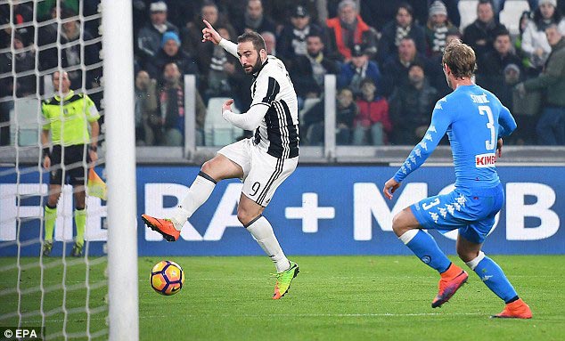Gonzalo Higuain (số 9) ghi bàn nâng tỷ số lên 2 - 1 cho Juventus. Ảnh: Dailymail
