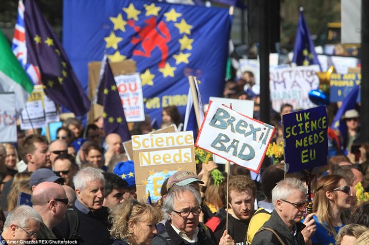 Hàng chục nghìn người dân Anh mang theo cờ Liên Hiệp Anh, cờ EU tuần hành trên các con đường trung tâm London nhằm phản đối việc Anh rời EU. Ảnh Daily Mail