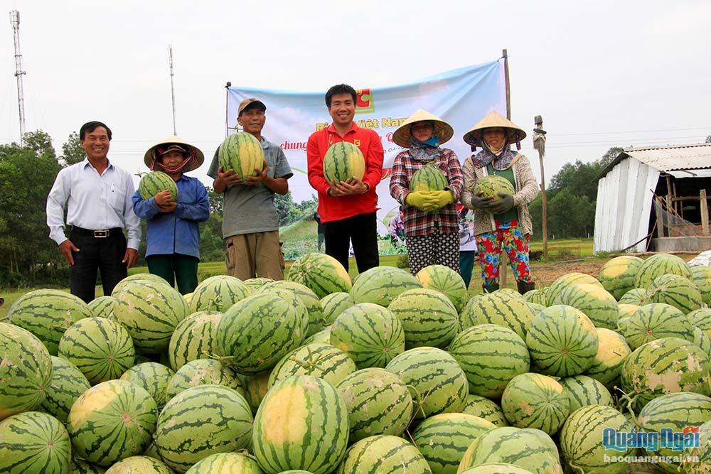 Người trồng dưa và đại diện Big C Việt Nam trước giờ đưa dưa từ ruộng vào hệ thống siêu thị này trên toàn quốc