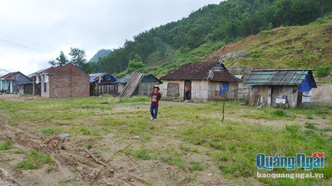 Nhiều hộ dân tái định cư ở thôn Cả, xã Trà Hiệp (Trà Bồng) đang sống trong các ngôi nhà tạm bợ.