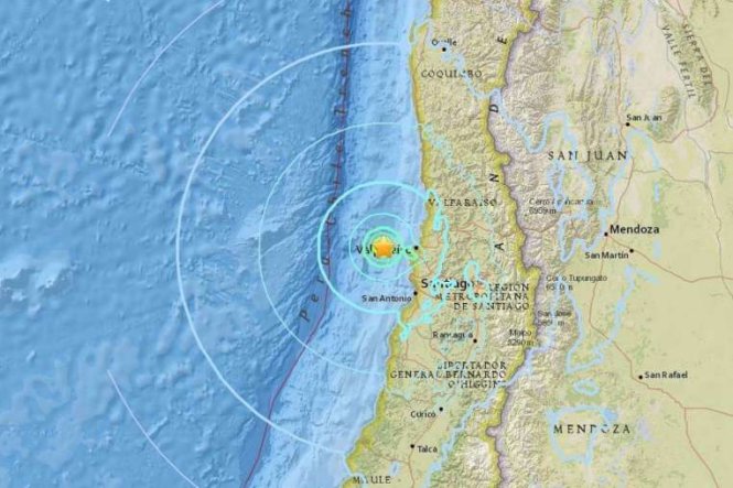 Ngày 22-4 một trận động đất mạnh 5,9 độ Richter (mô tả trong ảnh) cũng đã xảy ra ở khu vực miền trung Chile - Ảnh: USGS