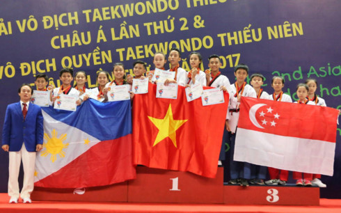Các võ sĩ Việt Nam nhận HCV quyền đồng đội sáng tạo 5 người.