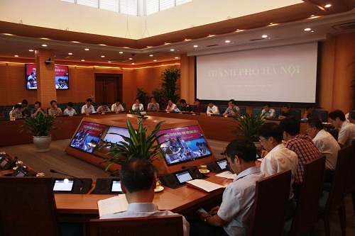 Toàn cảnh điểm cầu Ban Chỉ huy Phòng, chống thiên tai thành phố Hà Nội dự hội nghị trực tuyến ứng phó bão số 2.
