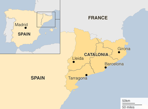 Vị trí vùng Catalonia, Tây Ban Nha. Đồ họa: BBC.