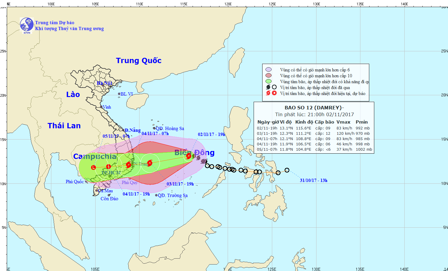 Vị trí và hướng di chuyển của bão số 12 (Ảnh: NHCMF).