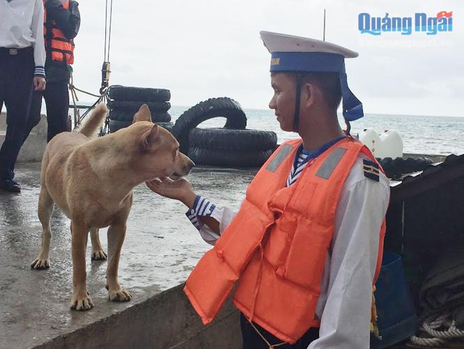 Chiến sĩ Não Xuân Long bịn rịn chia tay chú chó Bin ở đảo Tiên Nữ.
