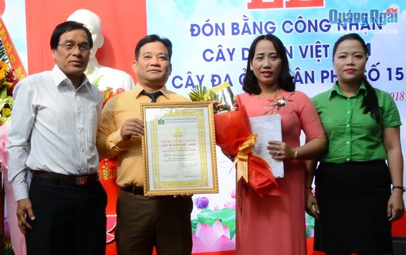 Lãnh đạo Hội Bảo vệ TN&MT tỉnh trao Bằng công nhân cây di sản Việt Nam cho lãnh đạo phường Quảng Phú.
