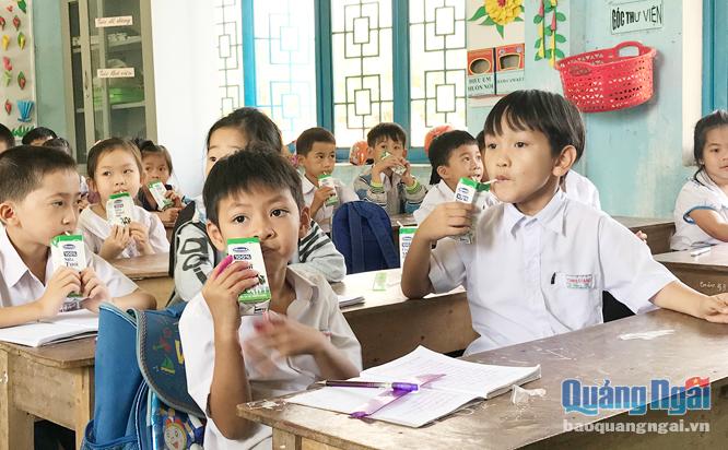 Học sinh Trường Tiểu học Tịnh Giang (Sơn Tịnh) uống sữa miễn phí.