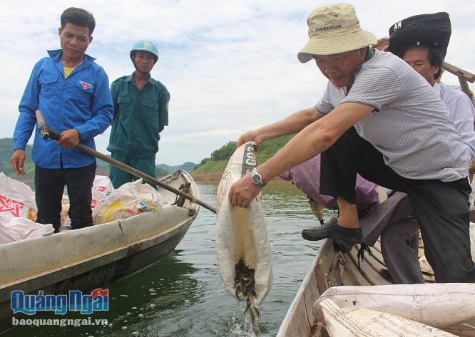 Cán bộ Sở NN&PTNT và Trung tâm giống tỉnh thả cá tại hồ chứa Nước Trong.