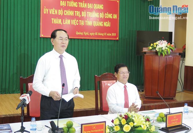 Đồng chí Trần Đại Quang phát biểu tại buổi làm việc với lãnh đạo tỉnh vào tháng 1.2016  trên cương vị là Ủy viên Bộ Chính trị, Bộ trưởng Bộ Công an.                                                                                                                          ẢNH: BÁ SƠN